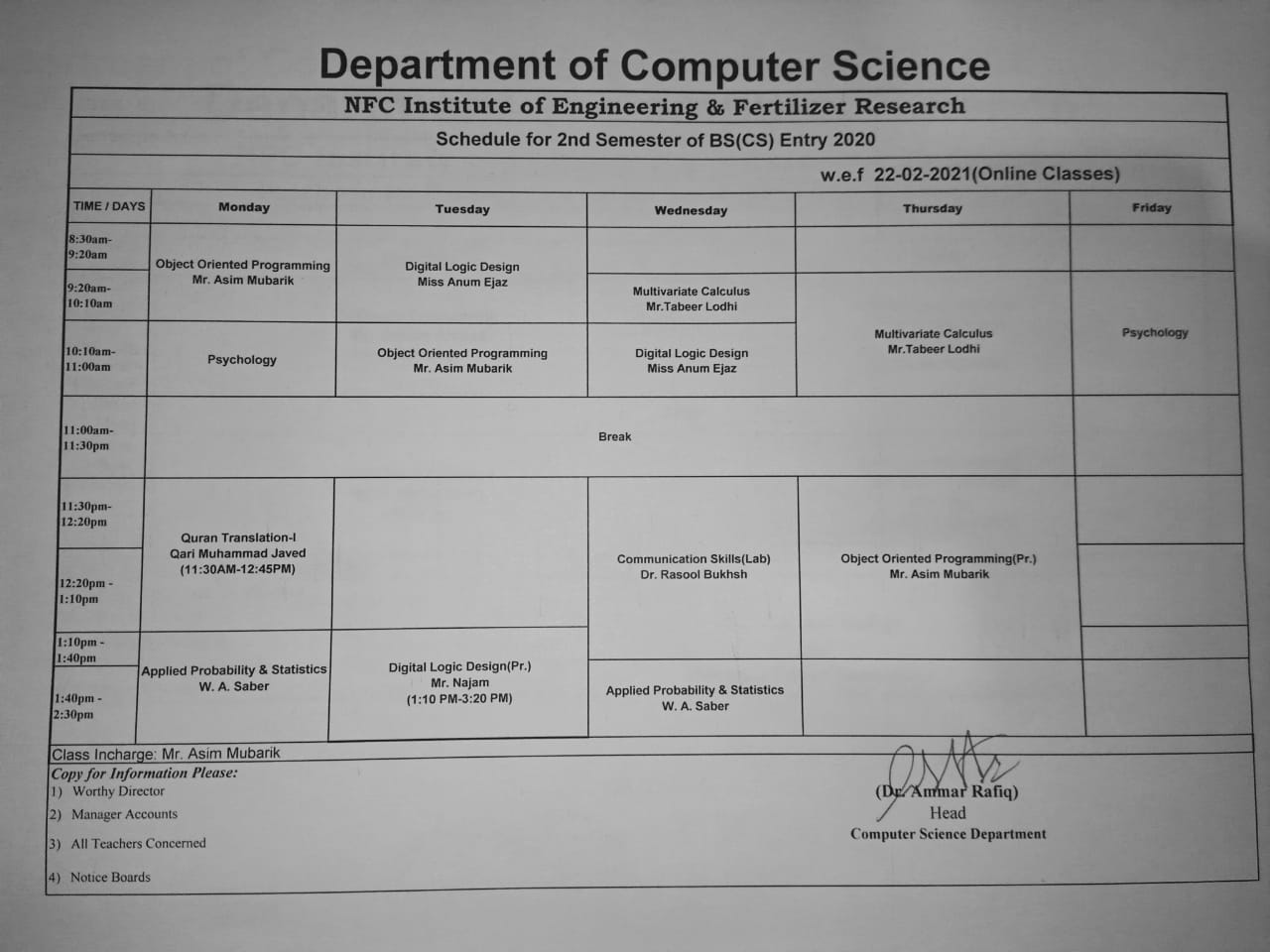 Timetable of 2nd Semester